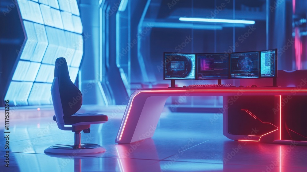 Poster Futuristic Gaming Setup With Triple Monitor Display