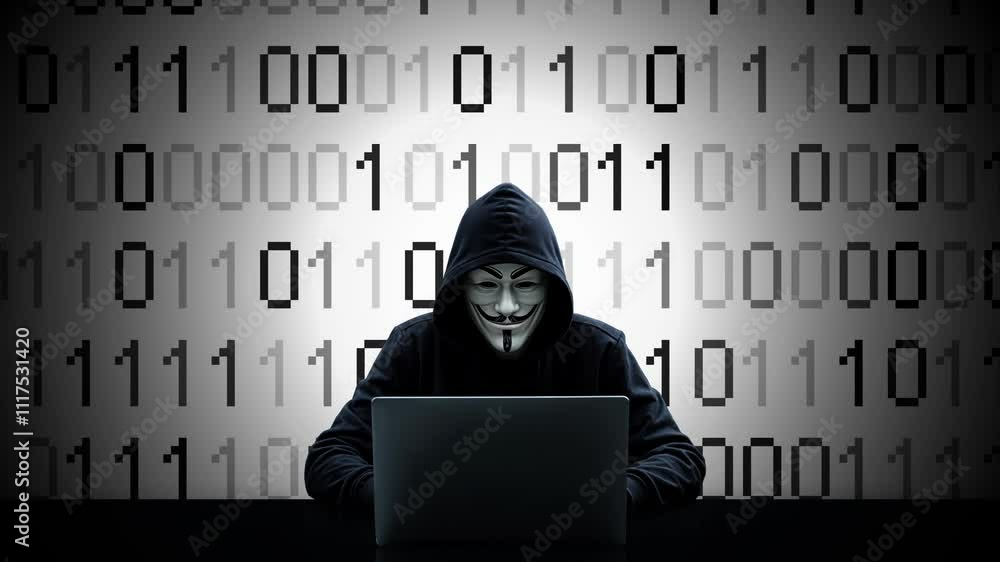 Wall mural hacker working on laptop on abstract digital background