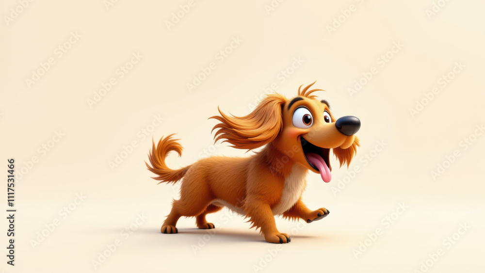 Poster an animated long-haired dachshund dog with an excited expression running towards the viewer.