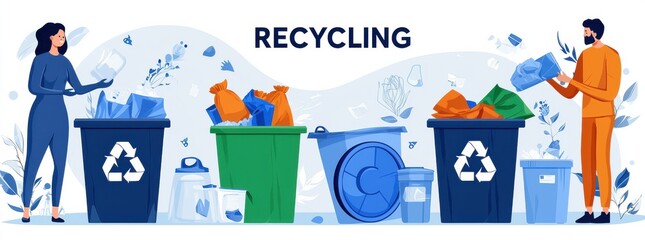 Naklejka premium Illustrated guide to waste recycling with diverse people and bins
