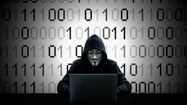 Hacker working on laptop on abstract digital background