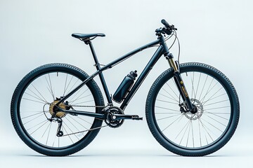 Fototapeta premium Professional cyclists ride sleek, black mountain bikes of excellent quality, isolated on a white background. Generative Ai