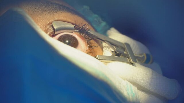 Ophthalmic procedure close-up showing laser surgery, lens implant, corneal correction, surgical precision, medical instruments, and focus on vision recovery and patient care in a sterile environment.