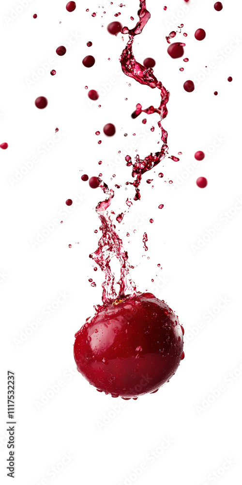 Poster a vibrant red sphere is splashing through droplets of liquid, creating dynamic movement and energy o