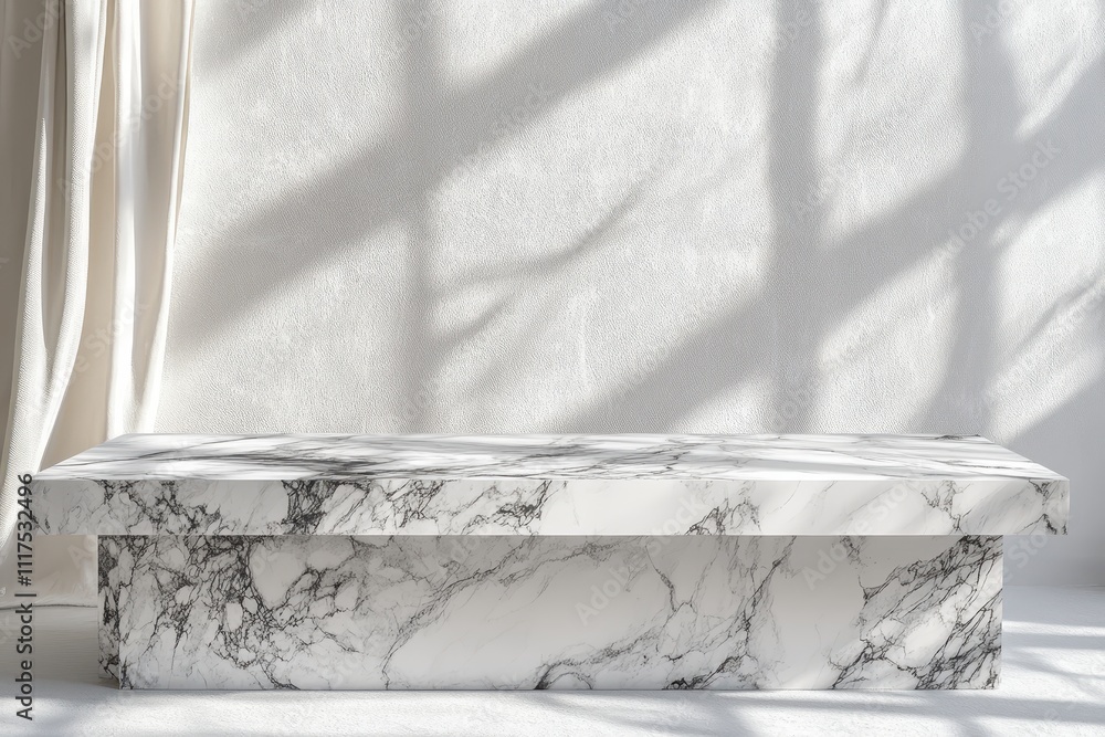 Poster a minimalist marble table with soft shadows against a light backdrop.