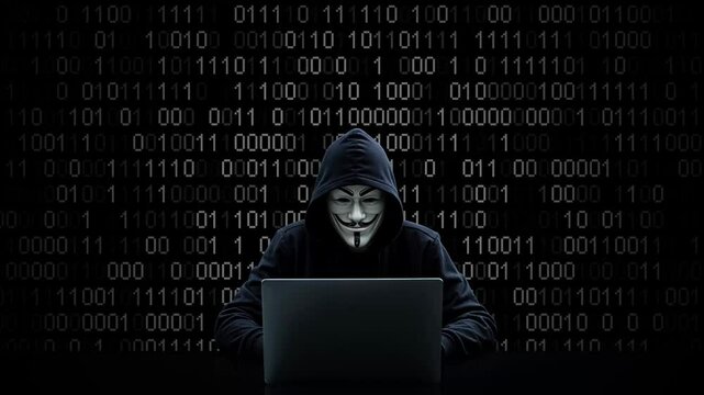 Hacker working on laptop on abstract digital background