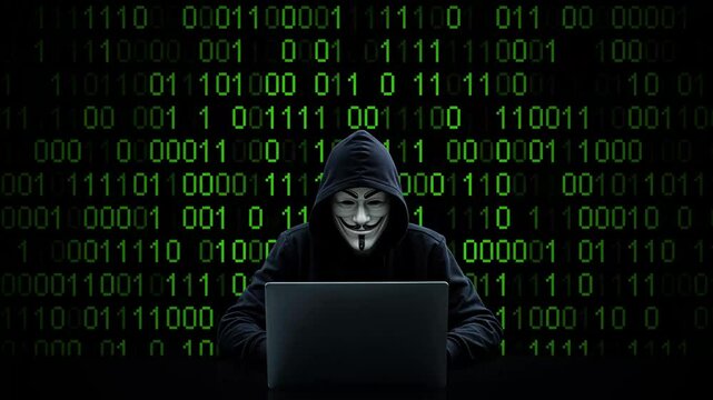 Hacker working on laptop on abstract digital background