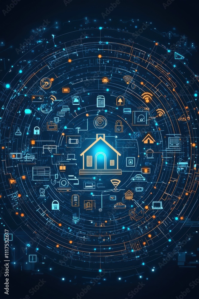 Poster futuristic circular web interface with glowing smart home icons