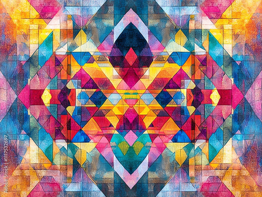 Poster Vibrant geometric abstract artwork with colorful shapes and patterns.