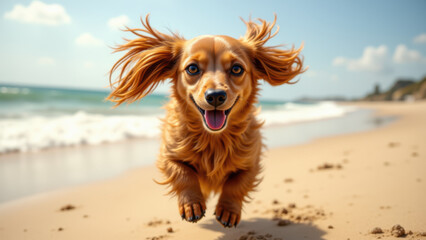 A happy long-haired Dachshund running on a beach with waves crashing in the background.