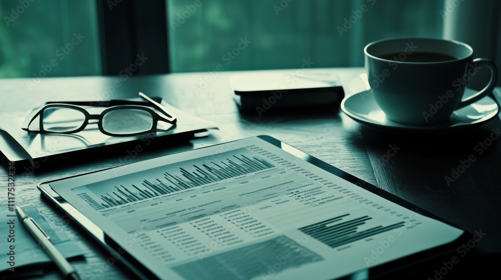 Poster tablet displays financial data graphs and charts