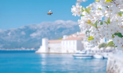 Apple tree blossom branch, a bee flies to the flower, on the background, Generative AI