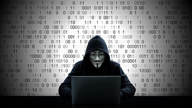 Hacker working on laptop on abstract digital background