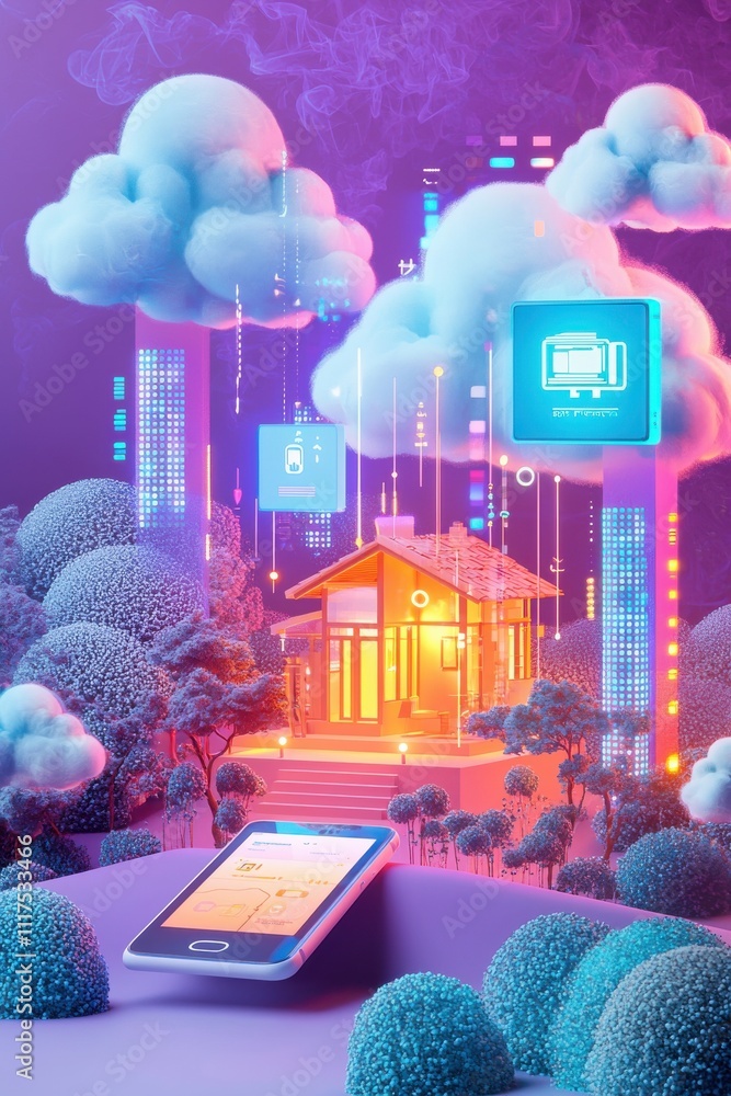 Aufkleber digital illustration of ai-powered security system with smartphone control