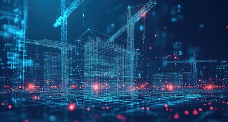 Futuristic digital illustration of a high-tech construction site