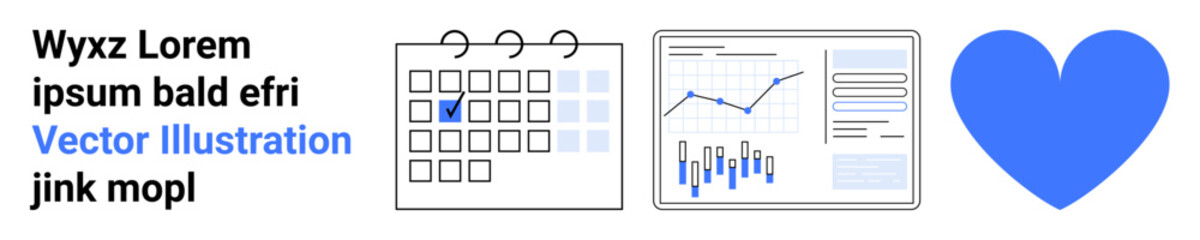 Calendar with check mark, bar, and line graphs, blue heart symbol. Ideal for business, productivity, planning, data analysis, organization, time management, web content. Landing page