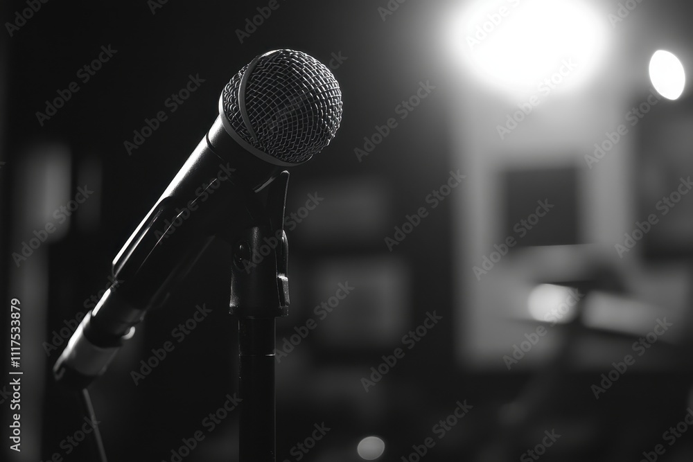 Poster a close-up of a microphone, emphasizing its texture and purpose for performance or recording.