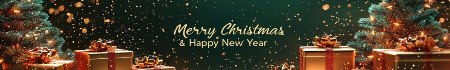 Festive Christmas banner with golden gift boxes and greenery