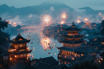 Obraz premium A stunning fireworks display in honour of Spring Festival Golden Week. Generative AI
