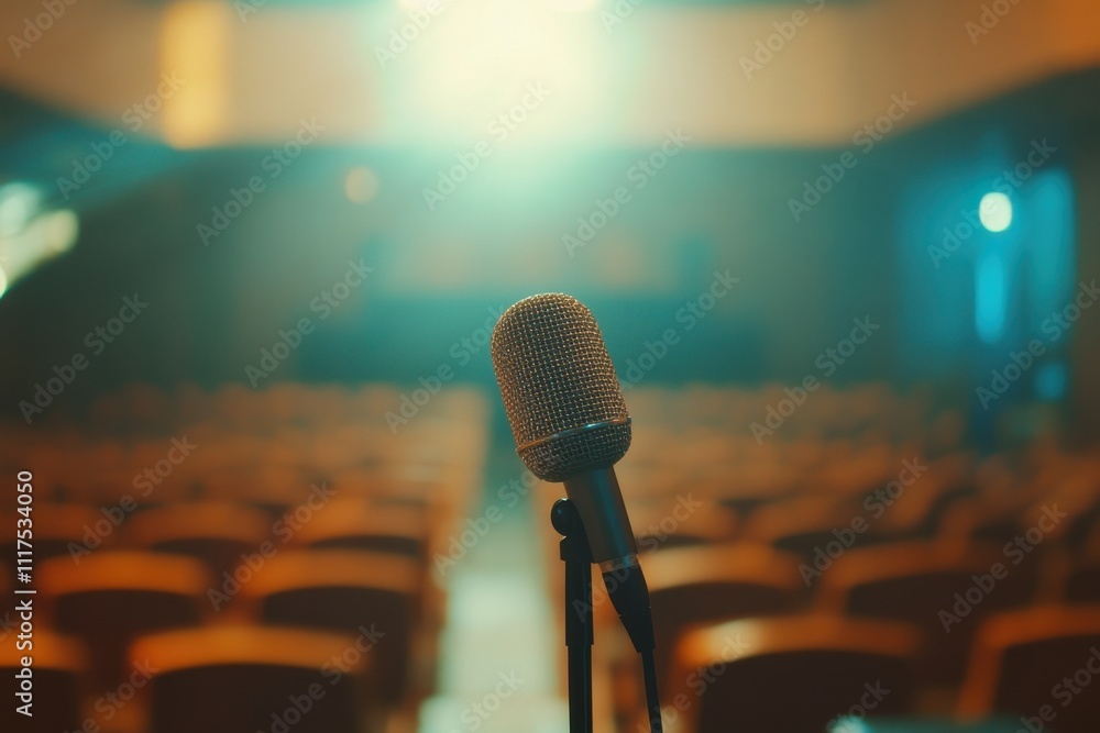 Poster a microphone stands in an empty auditorium, ready for a performance or speech.