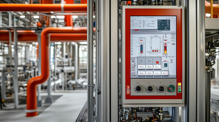 A detailed view of industrial plant valves and control panels