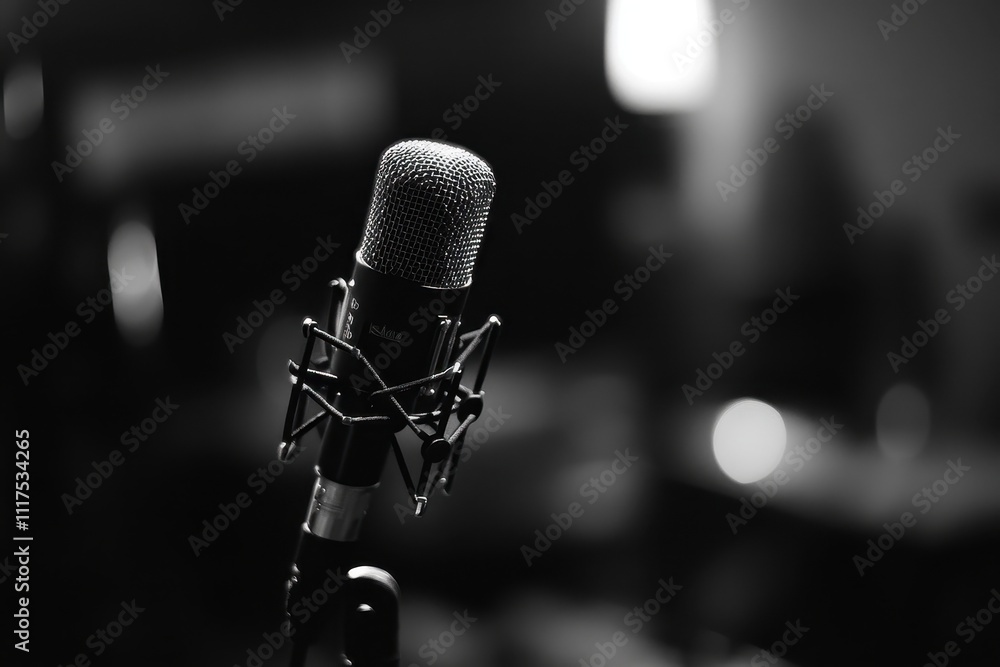 Poster a close-up of a microphone, emphasizing its design and purpose in audio recording.