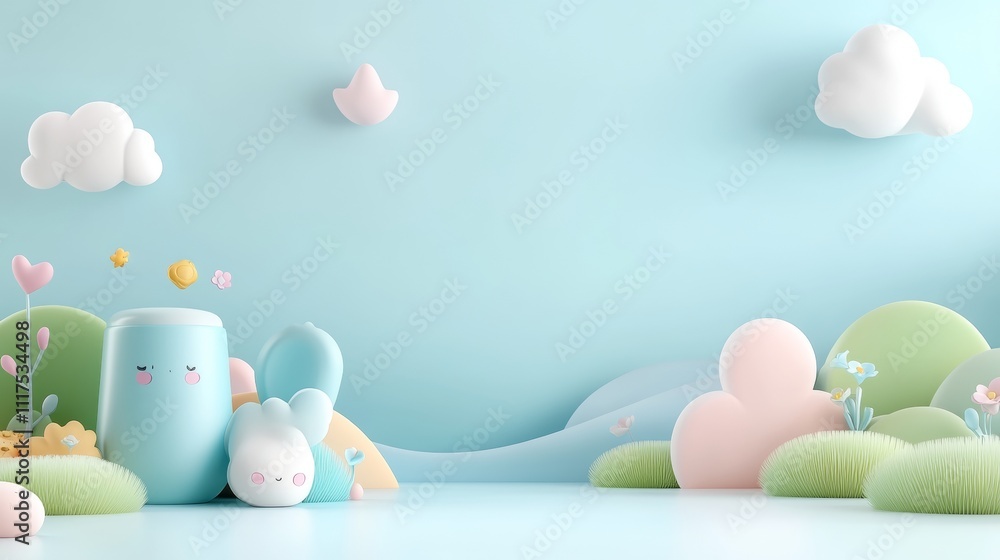 Poster cute 3d model scene with soft colors and playful background elements
