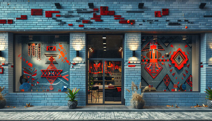 Obraz premium Modern storefront featuring grey and red highlights on a pastel blue brick wall with vibrant tribal designs. The cheerful, detailed design enhances the urban scene