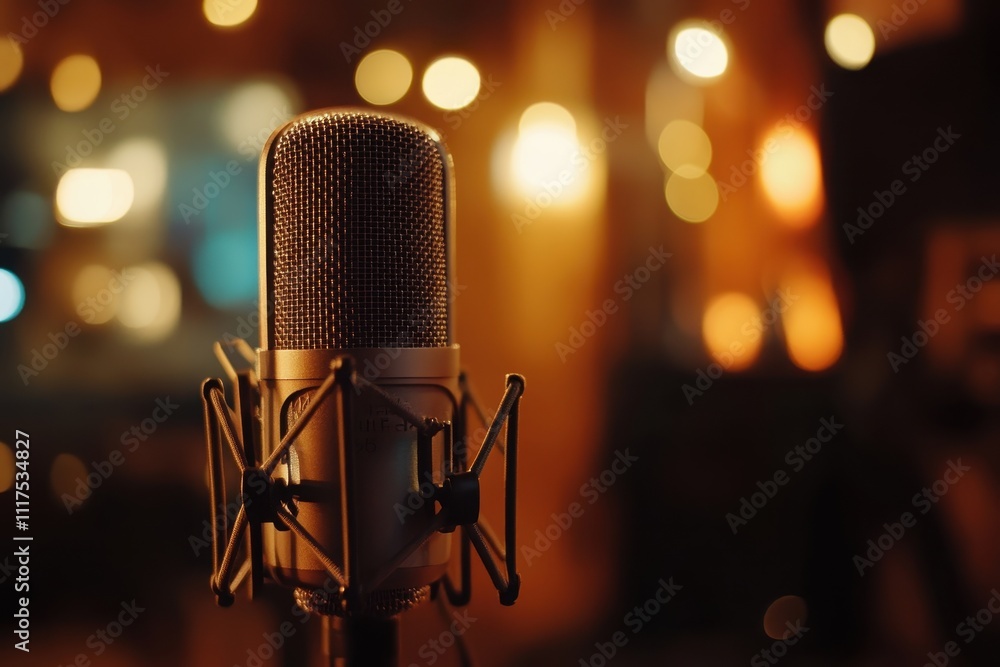 Poster a close-up of a microphone in a softly lit environment, suggesting a recording or performance settin