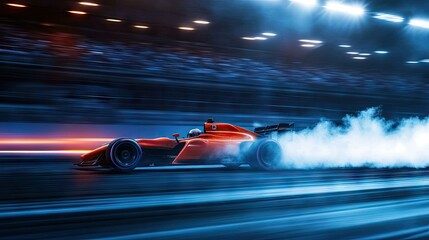 A vivid action shot of a drift car creating smoke trails under stadium lights during a night race
