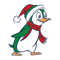 Penguin wearing a Santa Claus hat and scarf vector art illustration isolated on white background.