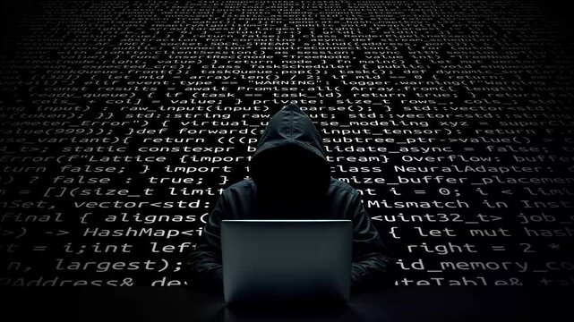 Hacker working on laptop on abstract digital background