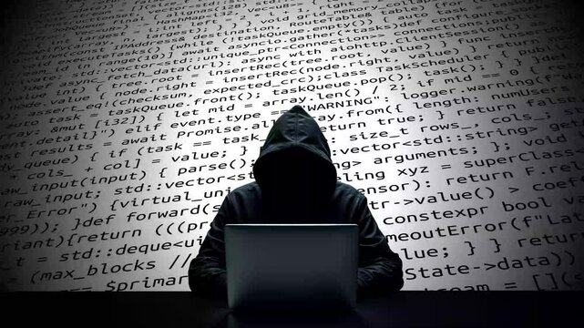 Hacker working on laptop on abstract digital background