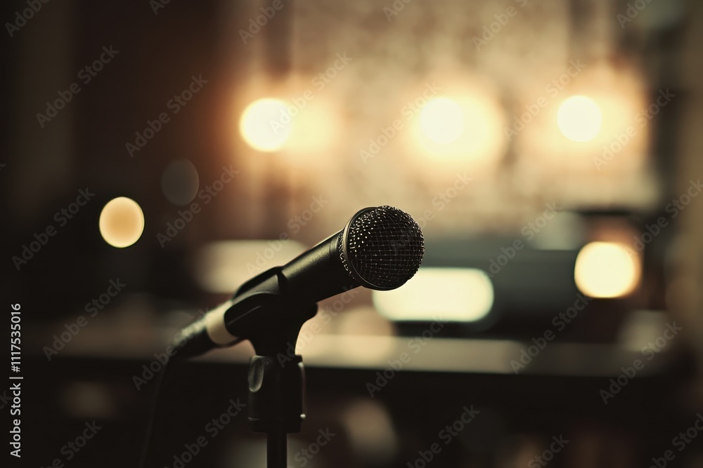 Poster a close-up of a microphone with blurred lights in the background, suggesting a performance setting.
