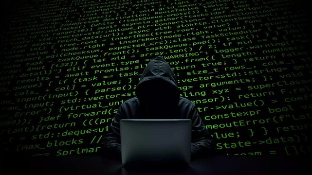 Hacker working on laptop on abstract digital background
