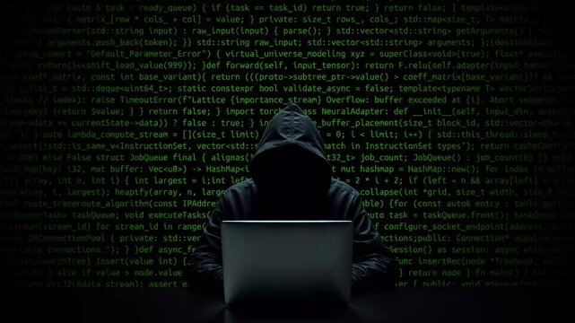 Hacker working on laptop on abstract digital background