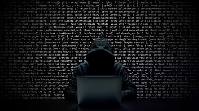 Hacker working on laptop on abstract digital background