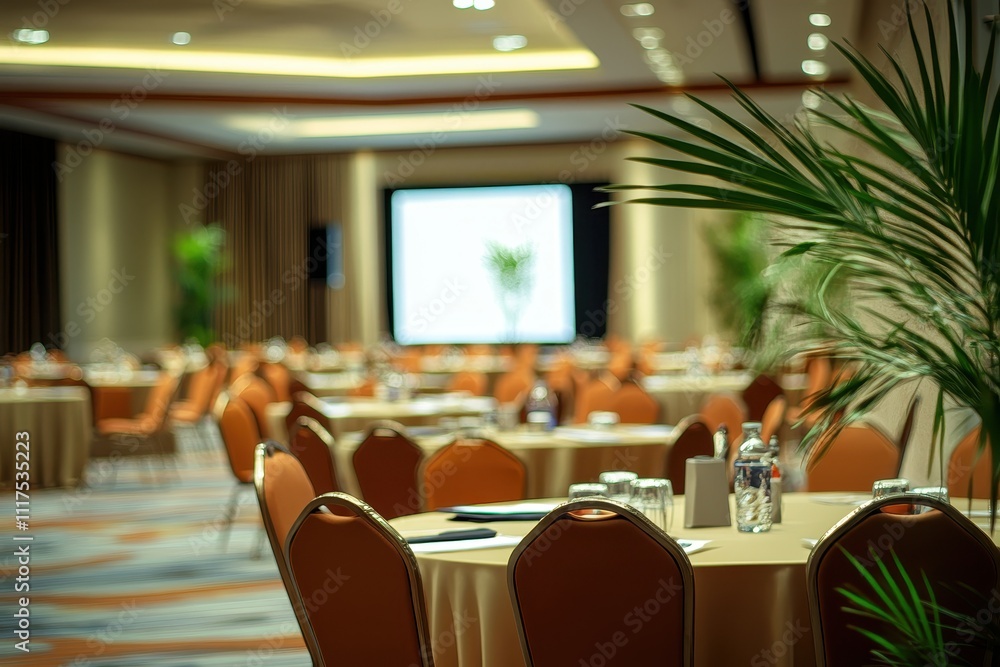 Aufkleber a spacious conference room set up for an event with round tables and a presentation screen.
