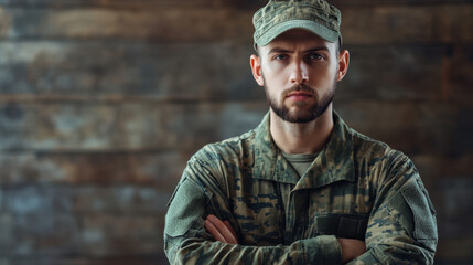 Obraz premium Serious male soldier in camouflage uniform stands confidently with crossed arms against a rustic wooden background.