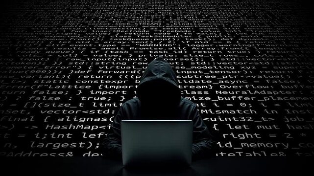 Hacker working on laptop on abstract digital background