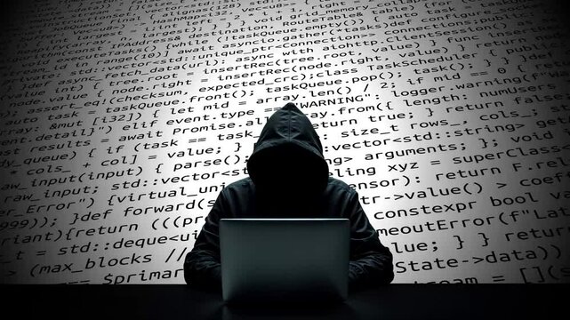 Hacker working on laptop on abstract digital background