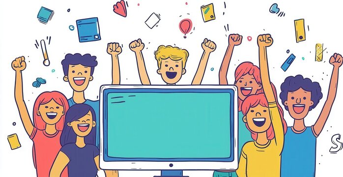 Group of animated people celebrating in front of a screen