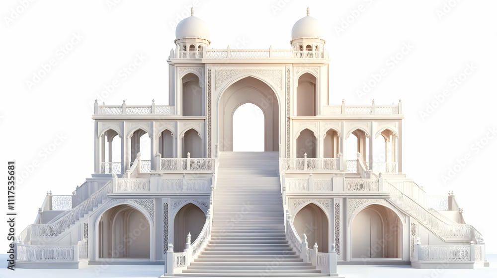 Poster a stylized architectural structure with steps and domes, showcasing intricate design.
