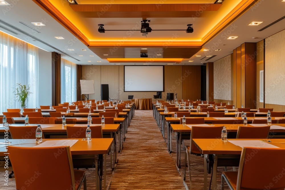 Aufkleber a modern conference room set up for a meeting with rows of tables and a presentation screen.
