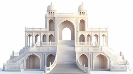 A stylized architectural structure with steps and domes, showcasing intricate design.