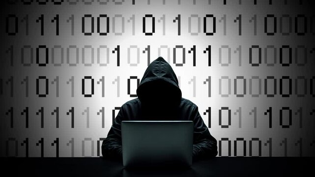 Hacker working on laptop on abstract digital background