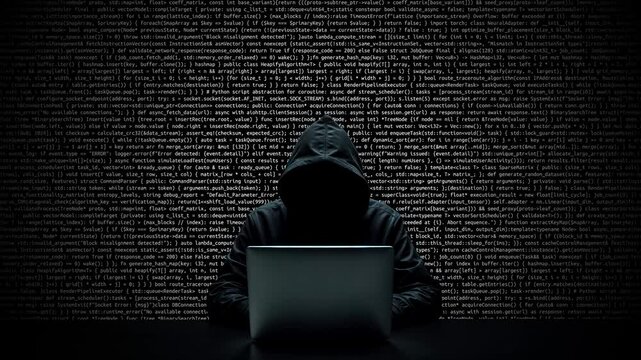 Hacker working on laptop on abstract digital background