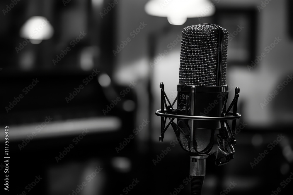Poster a close-up of a microphone in a studio setting, emphasizing audio recording and music.