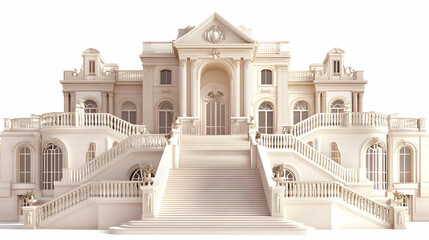 Obraz premium A grand, ornate mansion with multiple staircases and balconies, showcasing architectural elegance.