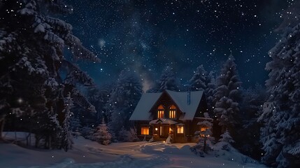 A cozy winter cabin surrounded by snow-covered pine trees with warm light glowing from windows and a clear starry night sky